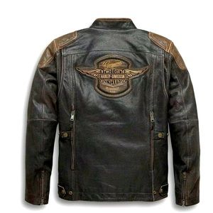 Harley Davidson H-D Triple Vent System Trostel Distressed Leather Biker Jacket